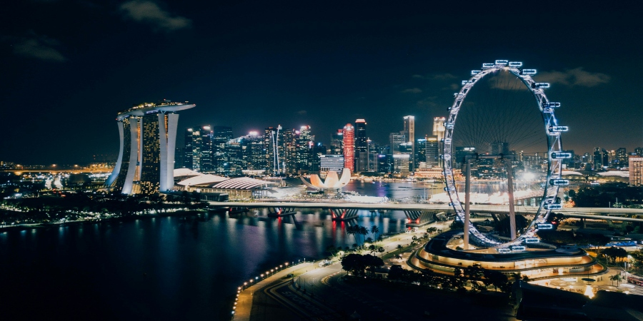 night view of the Singapore flyer with roller coaster on near the river