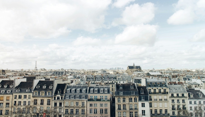 Views of buildings in Paris with beautiful blue sky