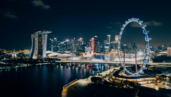A picturesque view of Singapore Flyer in evening.