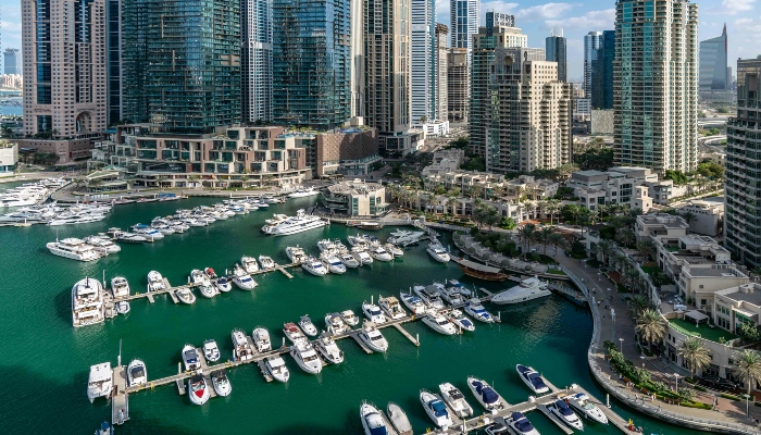 An aerial view of Dubai Marina