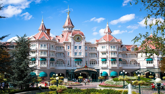 Disneyland Paris with a blue sky background.