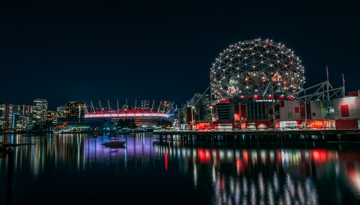 A night view of the Science World taken from the riverside.