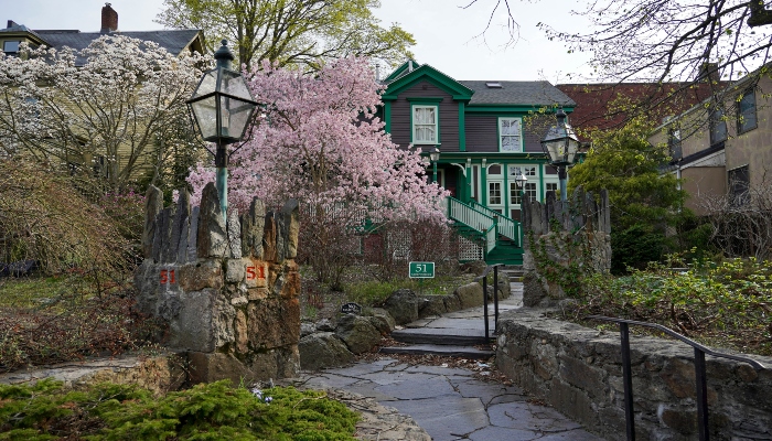 A historic building in Boston during the spring.