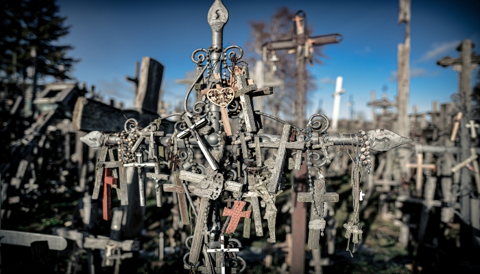 The Hill of Crosses, a haunted place in Lithuania to visit during Halloween.