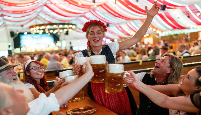 Girls in traditional Bavarian dress, celebrating Oktoberfest in Munich.
