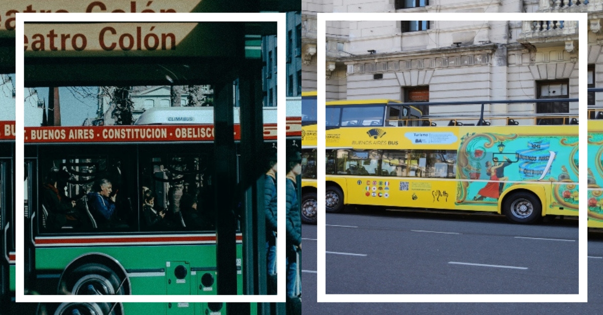 Split image comparing a green local city bus and a bright yellow Buenos Aires tourist bus driving past historic architecture in the city center.