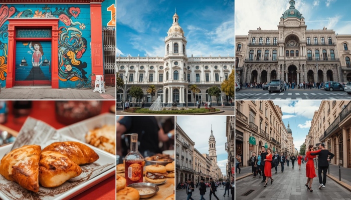 Colorful collage of Buenos Aires street art, historic buildings, tango dancers, and local food, showcasing city highlights near the Buenos Aires tourist bus route.
