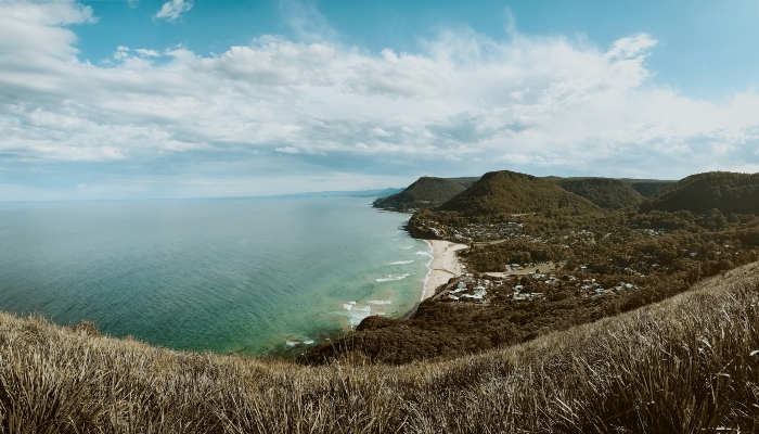 Panoramic view over a curving beach and headlands from a high lookout on one of the best hikes near Sydney Australia.