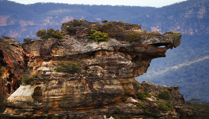 Wind-sculpted rock formation in the Blue Mountains on a popular lookout along the best hikes near Sydney Australia.
