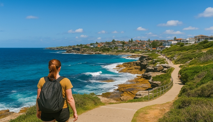 Solo hiker with backpack walking the Bondi to Coogee coastal path, showcasing some of the best hikes near Sydney Australia.