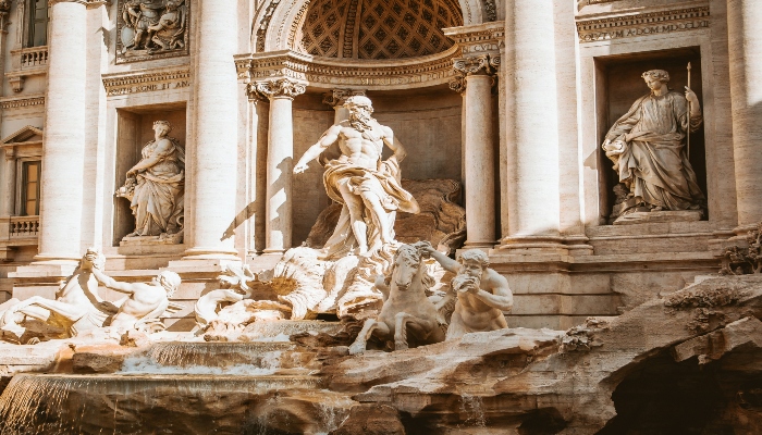 Close-up view of sculptures at the Trevi Fountain, highlighting Rome’s detailed artistry and cultural etiquette featured in do’s and don’ts in Rome guides.