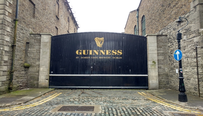 Entrance gates of the historic Guinness Storehouse Dublin at St. James’s Gate Brewery.