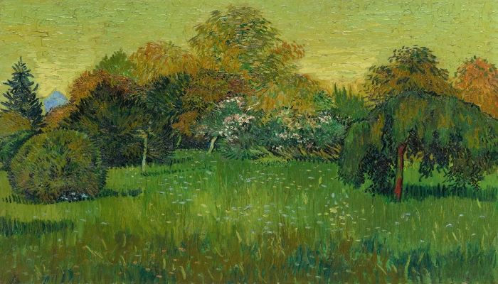 Green landscape painting by Vincent van Gogh displayed inside the museum collection.
