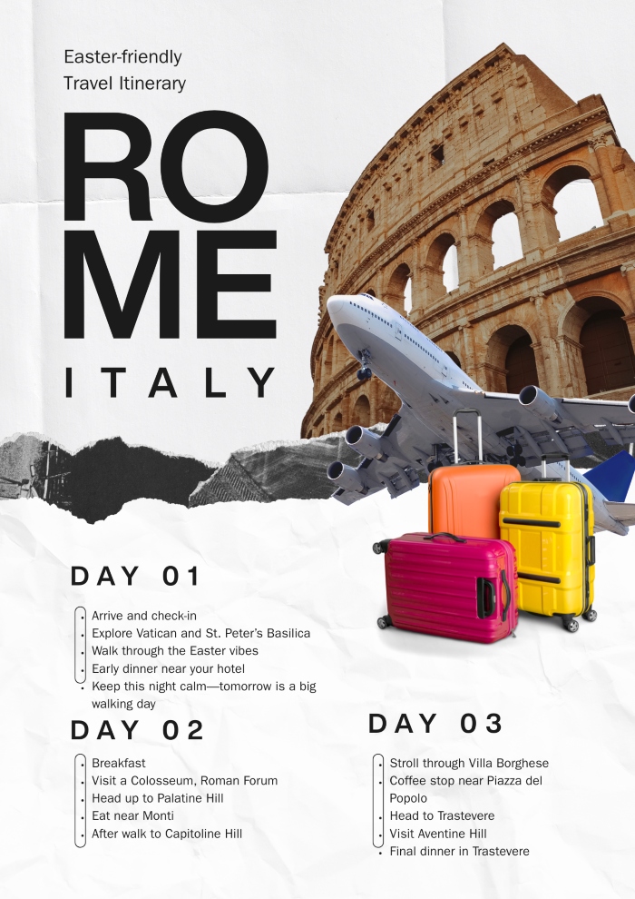 Easter-friendly Rome travel itinerary graphic showing a 3-day sightseeing plan.