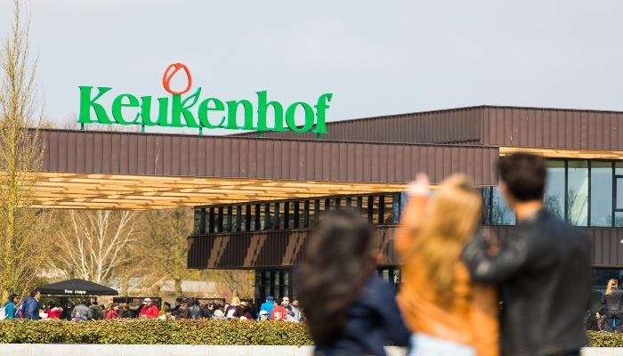 Group of friends jumping happily in front of the Keukenhof entrance, celebrating a spring visit to the gardens.