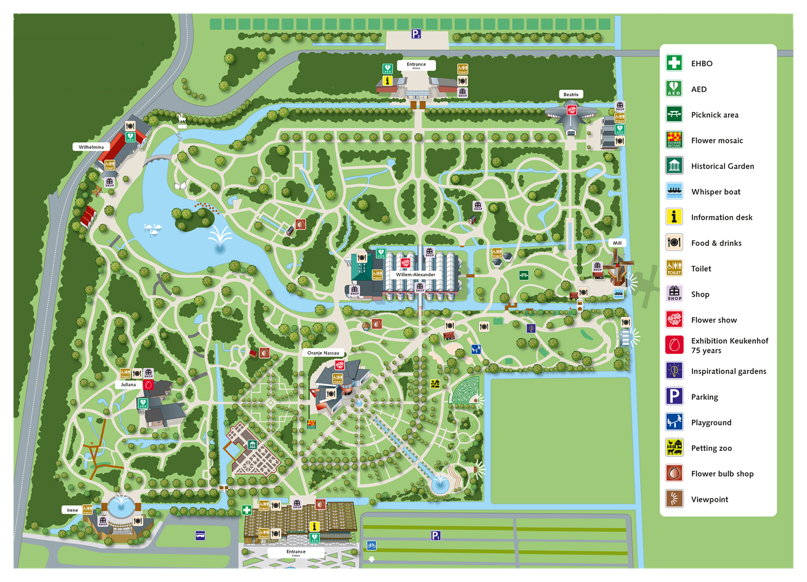 Illustrated map of Keukenhof showing garden sections, walking routes, entrances, facilities, and key attractions.