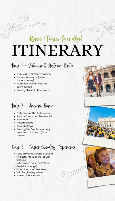 A suggested 3-day Easter-friendly Rome itinerary to follow when visiting the city.