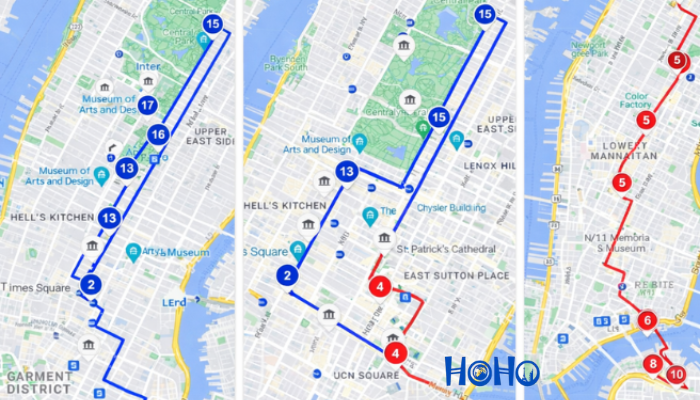 NYC hop-on hop-off bus route map showing uptown and downtown sightseeing loops across Manhattan.