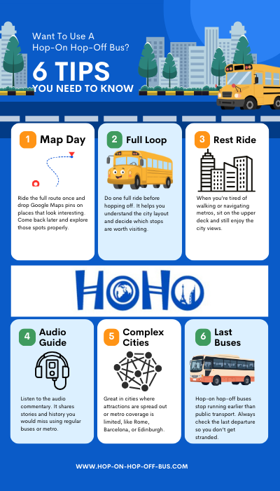Infographic showing six tips for using hop-on hop-off buses when exploring a city.