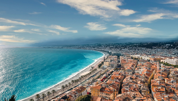 Panoramic aerial view of Nice coastline and Promenade des Anglais along the French Riviera.