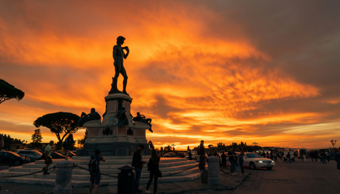 Sunset view from Piazzale Michelangelo overlooking Florence skyline and Duomo during a one day visit to Florence.