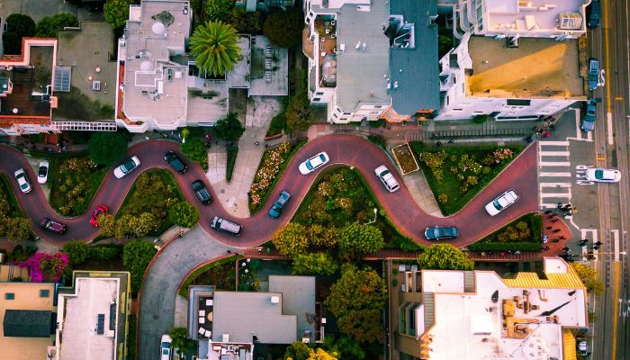 Aerial view of Lombard Street’s famous winding curves in San Francisco.