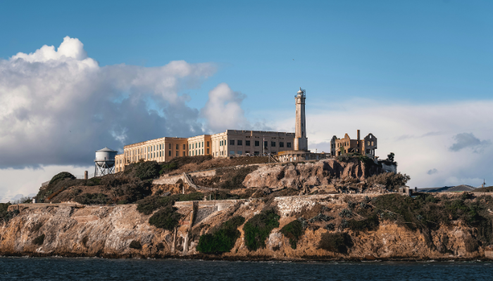 Alcatraz Island prison complex seen from San Francisco Bay ferry route.