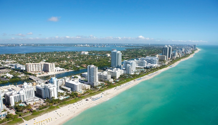 Miami Beach shoreline and Atlantic Ocean skyline, one of the best summer vacation spots in the US.