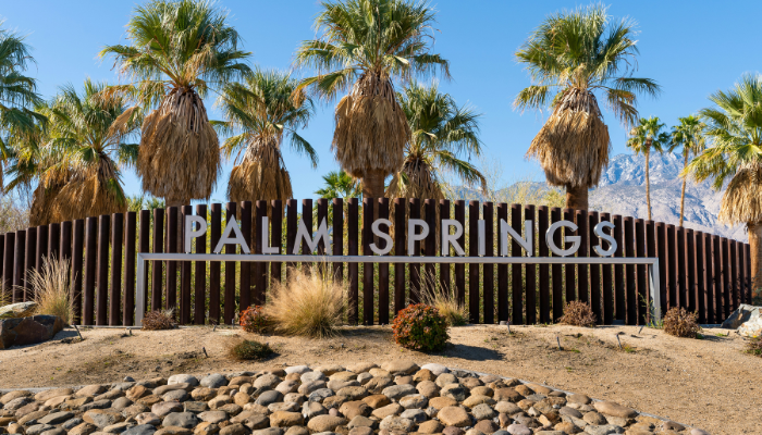 Palm Springs welcome sign surrounded by palm trees and desert scenery in a popular LGBTQ resort destination.