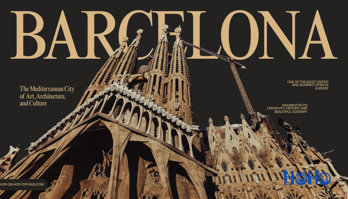 Travel guide graphic highlighting Barcelona's must-see landmark Sagrada Família with little bit descriptions of the city.