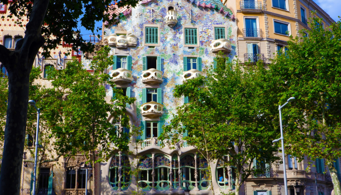 The colorful façade of Casa Batlló along Passeig de Gràcia, one of Antoni Gaudí's most celebrated Modernist masterpieces in Barcelona.