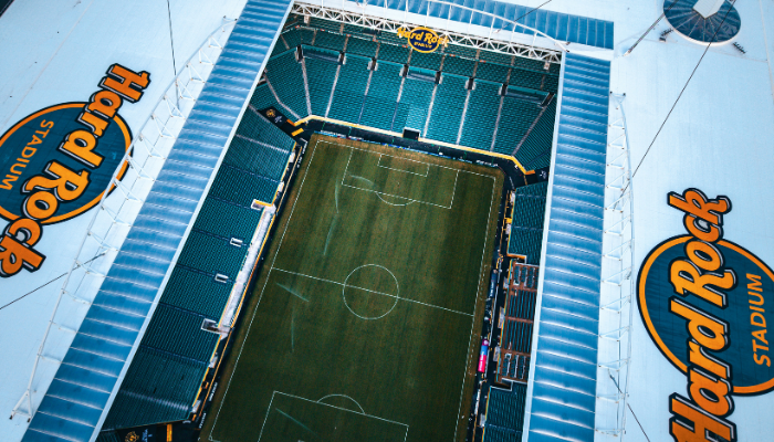 Aerial view of a football stadium, named Hard Rock Stadium in Miami, field prepared for a soccer match seen from above