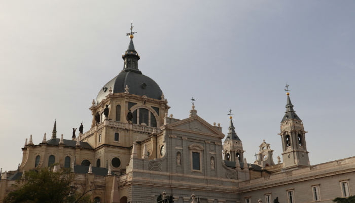 Almudena Cathedral with its distinctive dome and towers in central Madrid.