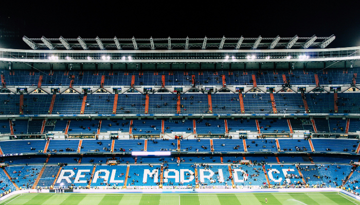 Interior view of Santiago Bernabéu Stadium, home of Real Madrid Football Club.