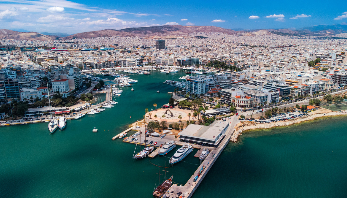 Aerial view of Piraeus Port, a key stop included on selected Big Bus and City Sightseeing Athens routes for cruise passengers.