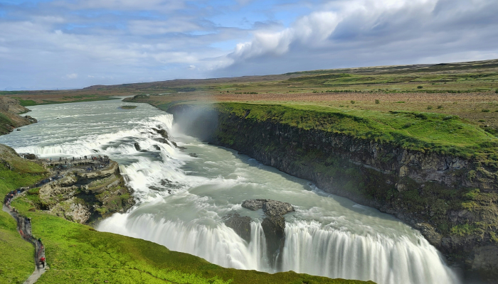 Gullfoss waterfall cascading through a rocky canyon in Iceland’s Golden Circle