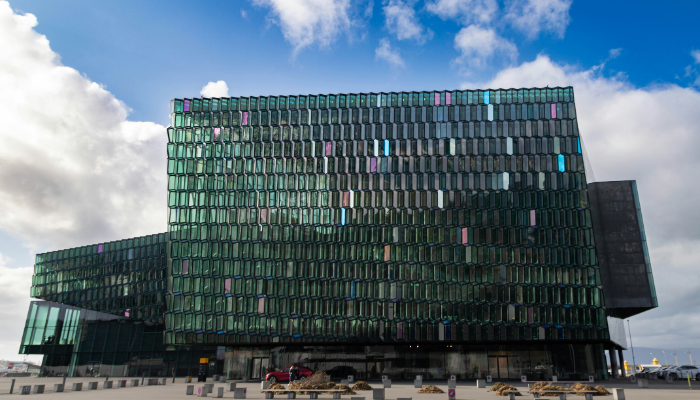 Harpa Concert Hall with its colourful geometric glass façade on Reykjavik’s waterfront