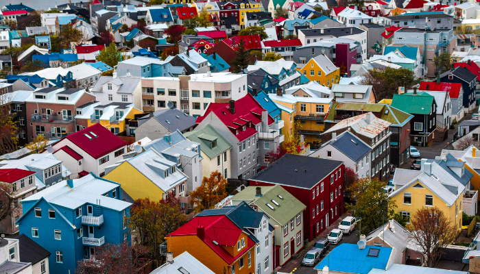 Colourful Reykjavik houses with snow-covered rooftops viewed from above