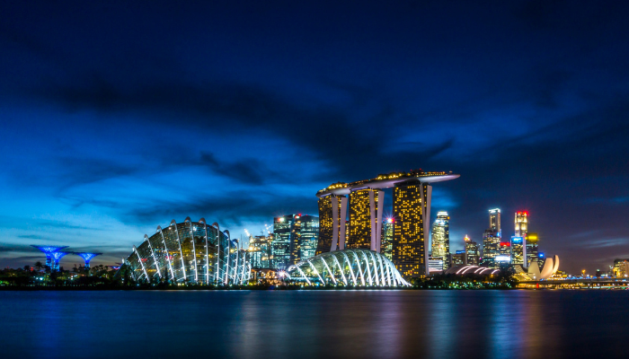 Singapore skyline illuminated at night with Marina Bay Sands and Gardens by the Bay across the waterfront.
