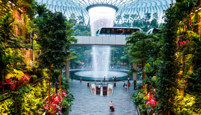 Indoor Rain Vortex surrounded by lush greenery at Jewel Changi Airport in Singapore.