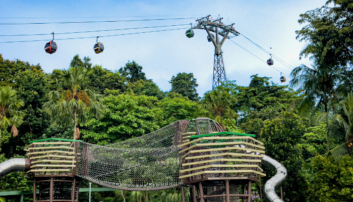 Outdoor children's play area with climbing nets and slides beneath cable cars on Sentosa Island.