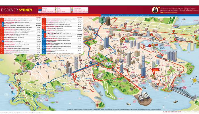 Route map showing the Sydney hop-on hop-off bus city and Bondi routes with major stops across Sydney.