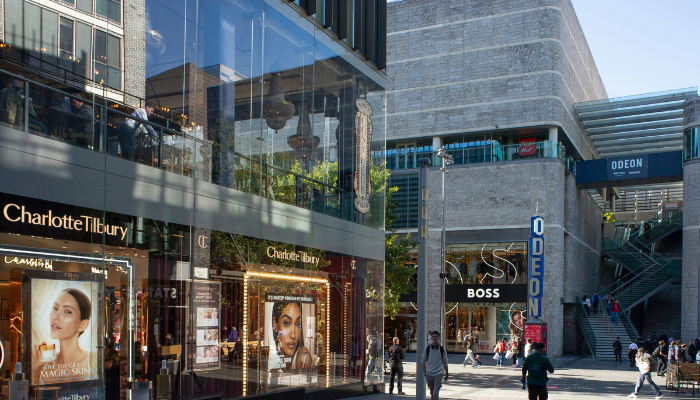 Liverpool ONE shopping area with shops, restaurants and modern buildings in the city centre