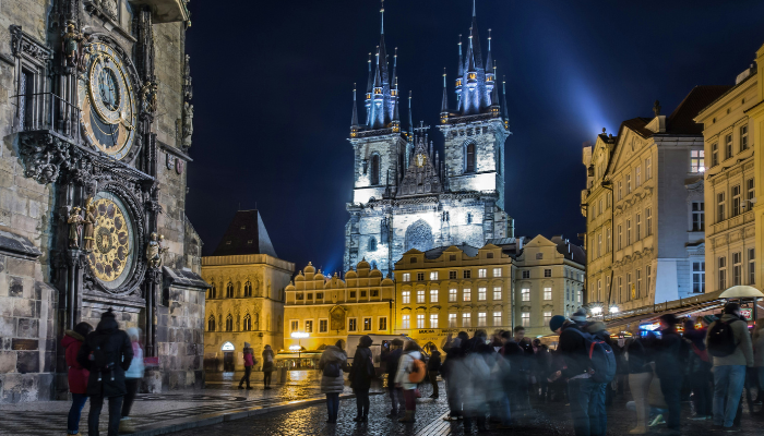 Prague Old Town Square with the medieval astronomical clock and historic buildings at night