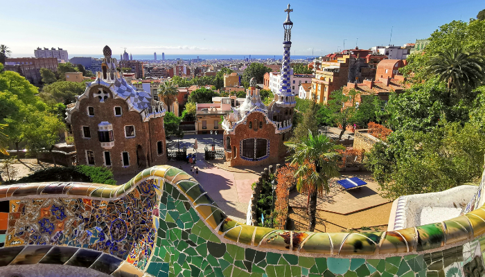 Park Güell in Barcelona with colourful mosaic benches and views over the city