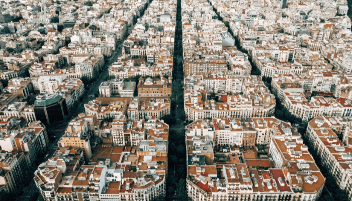 Aerial view of Barcelona's Eixample district and its distinctive grid layout