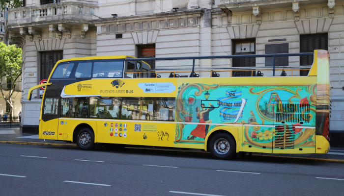 Buenos Aires hop-on hop-off sightseeing bus on a city street